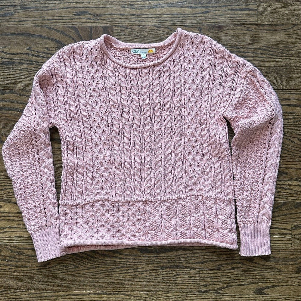 C&C California Womens Pink Cable Knit Long Sleeve Sweater Cotton Blend Small